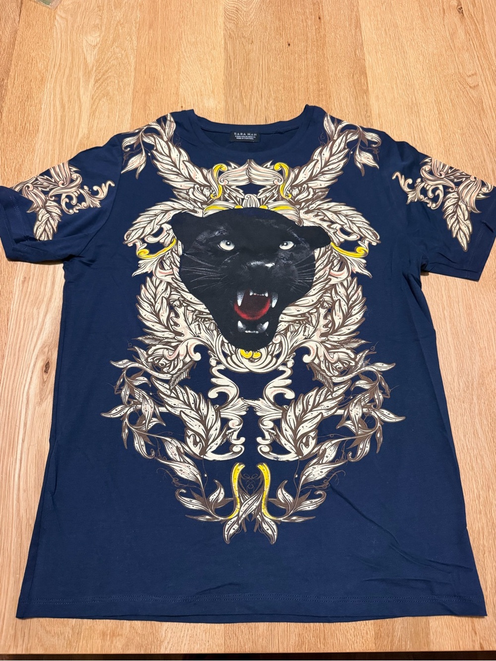 Zara Navy Short-Sleeve Tee with Black Panther and Ornate Crest
